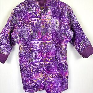 Vintage Bali Batik Reversible Mid Length Heavy Coat Pockets Wood Buttons Sz L